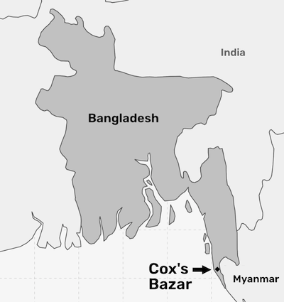 Map of Bangladesh and surrounding area. Arrow pointing to the location of Cox's Bazar, near the border of Myanmar and Bangladesh.