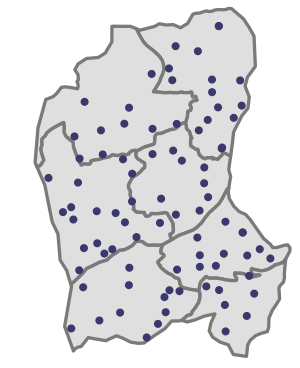 Points on a map illustrating the number of different locations in a camp